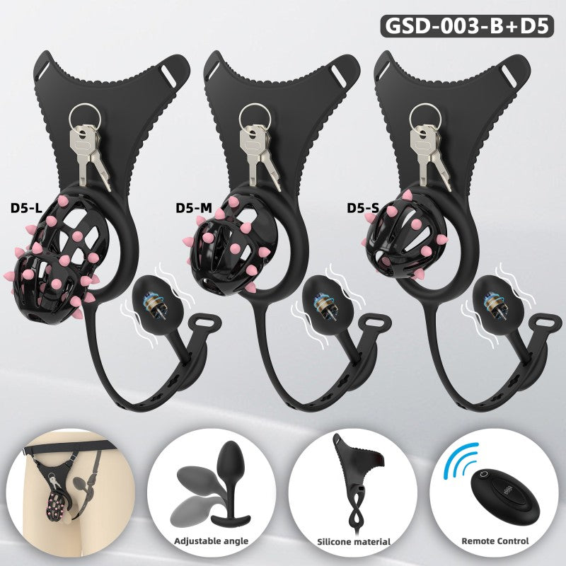 Spiked Chastity Cage Harness Set with Remote Vibrating Anal Plug GSD