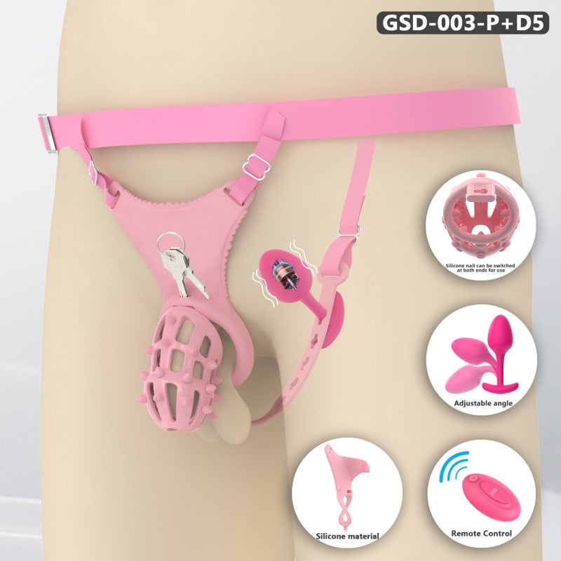Spiked Chastity Cage Harness Set with Remote Vibrating Anal Plug GSD