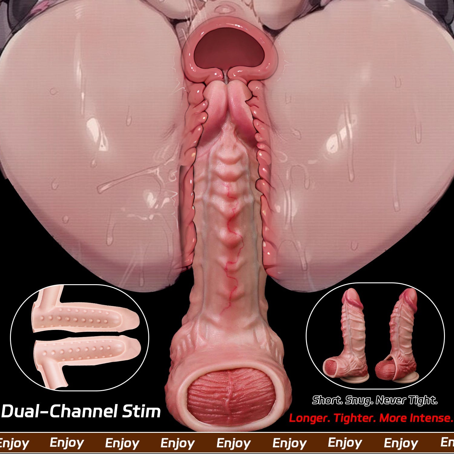 Muscle-Flex Realistic Silicone Cock Sleeve with Dual-Channel Stim & Locking Ring — Bigger, Thicker, Longer for Him