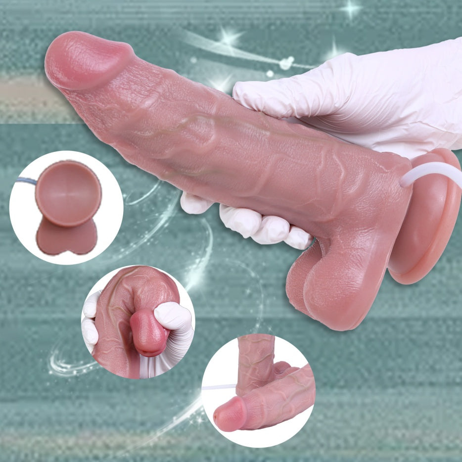 Domlust Dual-Density Squirting Realistic Dildo – Platinum Silicone Strap-On Harness Compatible Lesbian Sex Toy