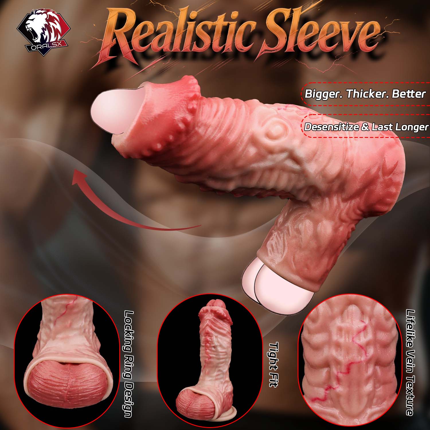 Realistic Muscle-Flex Cock Extender Sleeve — Platinum Silicone Penis Extender for Bigger, Longer Performance