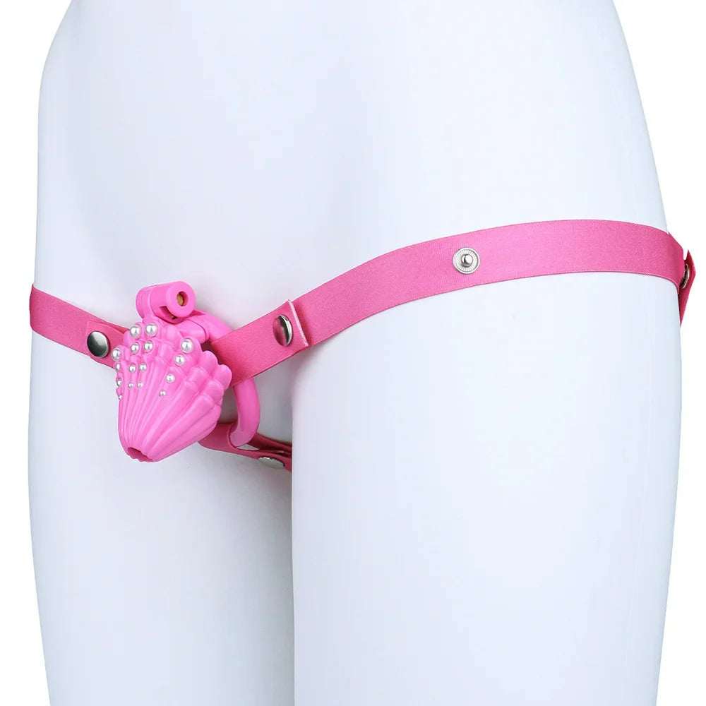 Pink Shell Chastity Cage – Resin Sissy Chastity Device with Pearl Design | Cute Male Chastity Cage