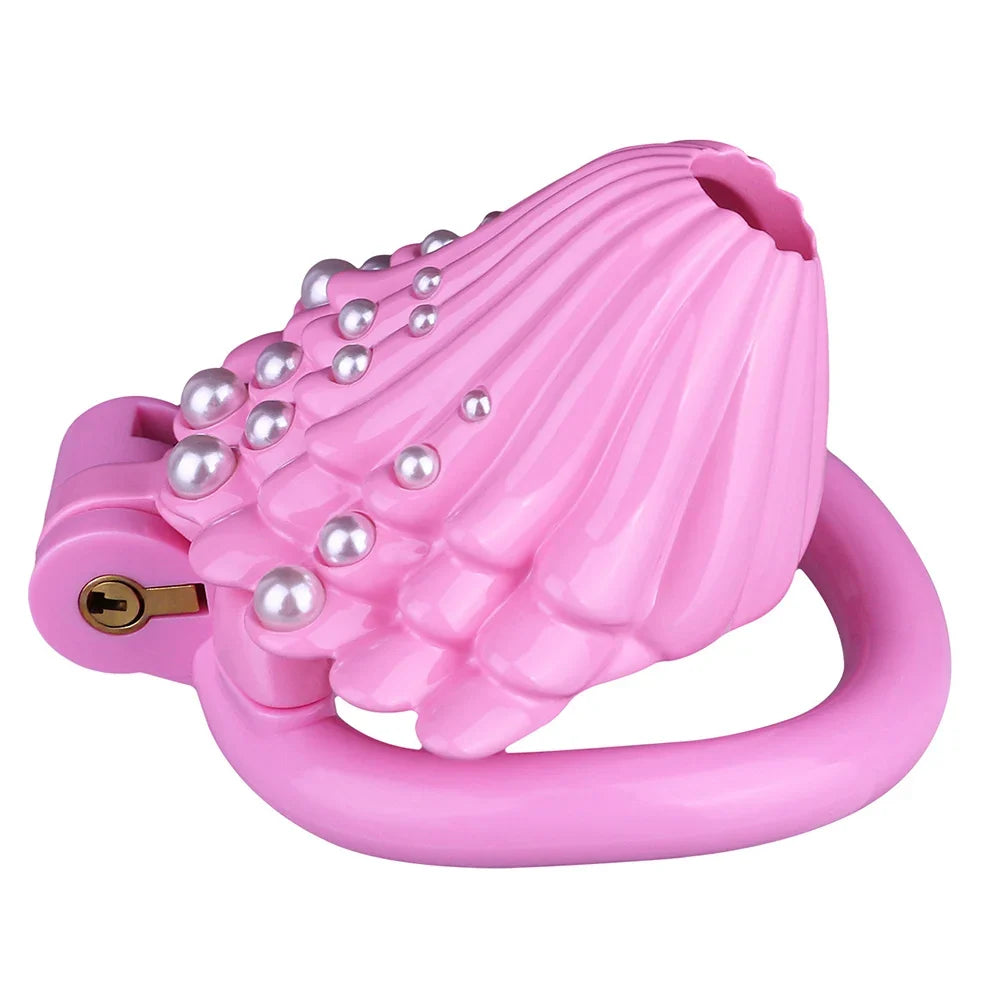 Pink Shell Chastity Cage – Resin Sissy Chastity Device with Pearl Design | Cute Male Chastity Cage