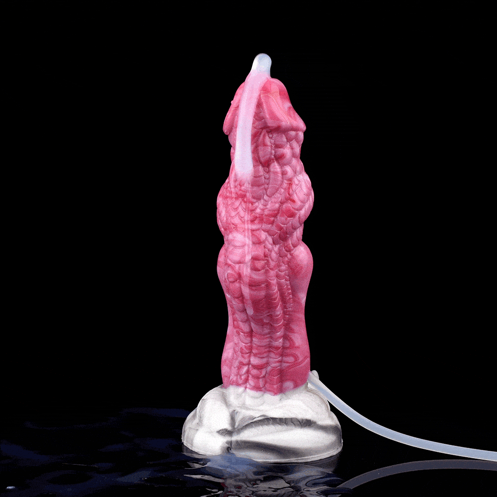 Red corner 8 inch silicone squirting dildo with dragon cock design simulates the ejaculation process for realistic satisfaction.