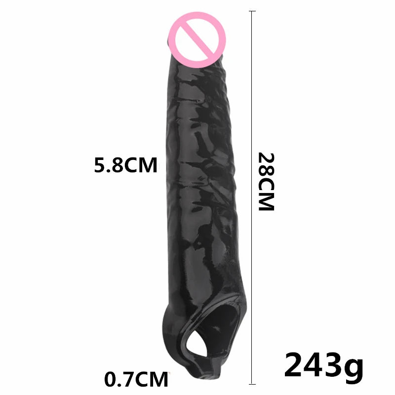 Realistic Black Dildo Cock Sleeve - Big Penis Eextender Silicone Strectchy Sex Toys for Men