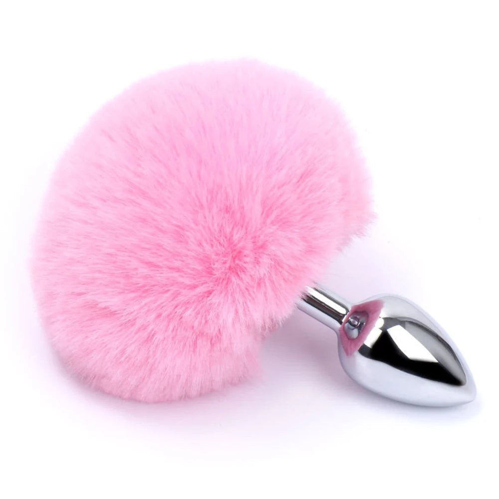 Metal Dildo Fluffy Rabbit Tail Anal Plug - Small Stainless Steel Furry Butt Plug Sex Toys