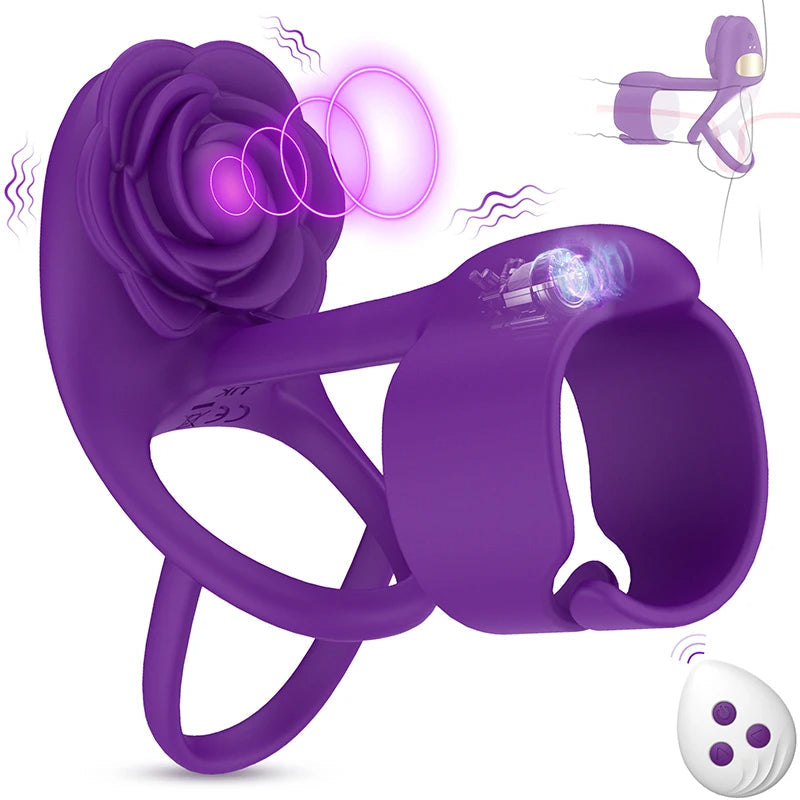 Domlust Remote Control Vibrating Cock Ring - Purple Rose Clit Stimlulator Couple Sex Toy