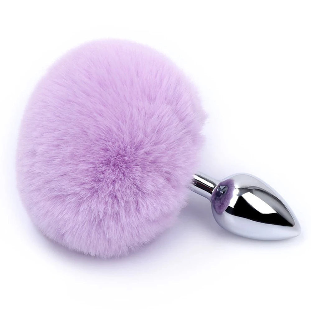 Metal Dildo Fluffy Rabbit Tail Anal Plug - Small Stainless Steel Furry Butt Plug Sex Toys