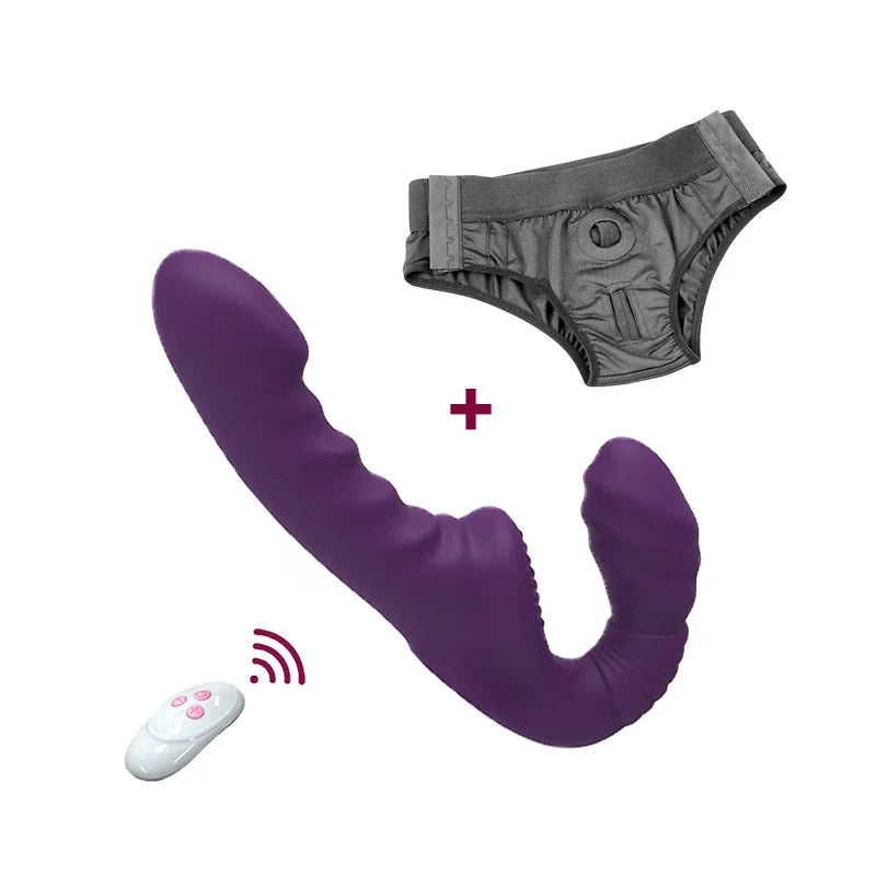 Strapless Strap On Double End Dildo Vibrator - Remote Control Vibrating Lesbian Masturbator
