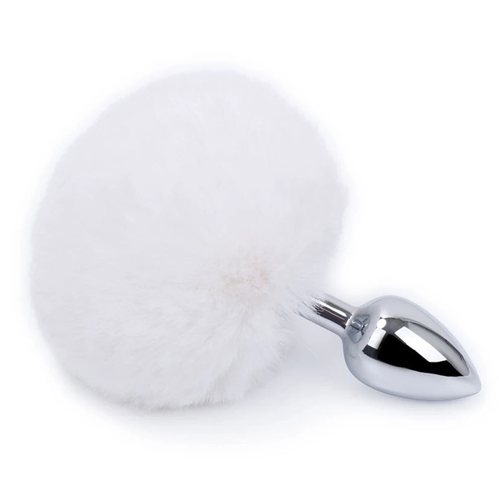 Metal Dildo Fluffy Rabbit Tail Anal Plug - Small Stainless Steel Furry Butt Plug Sex Toys