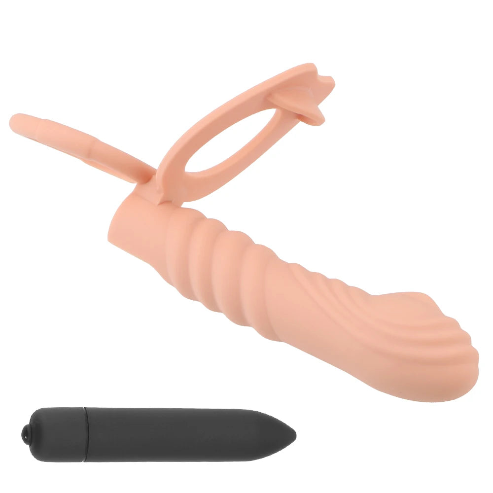 Strap On Vibrating Dildo - Bullet Vibrator Cock Ring Delay Ejaculation Double Stimulation