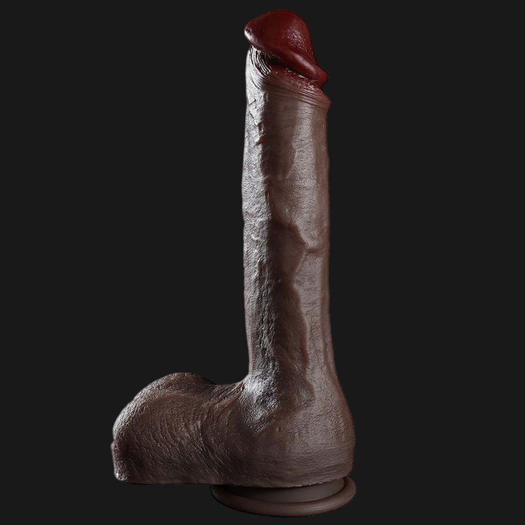 Ebony Dildo Anal Butt Plug - 10-inch Big Testicle Silicone Suction Cup Sex Toy for Women
