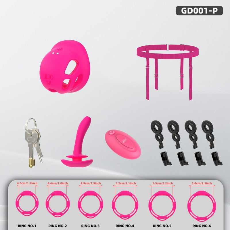 Electric Silicone Chastity Cage with Remote Control, Vibrating Plug & Harness