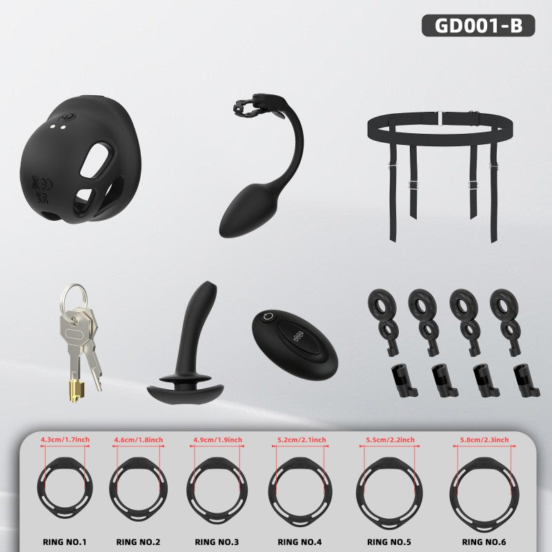 Electric Silicone Chastity Cage with Remote Control, Vibrating Plug & Harness