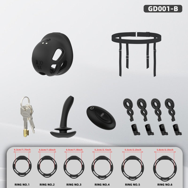 Electric Silicone Chastity Cage with Remote Control, Vibrating Plug & Harness