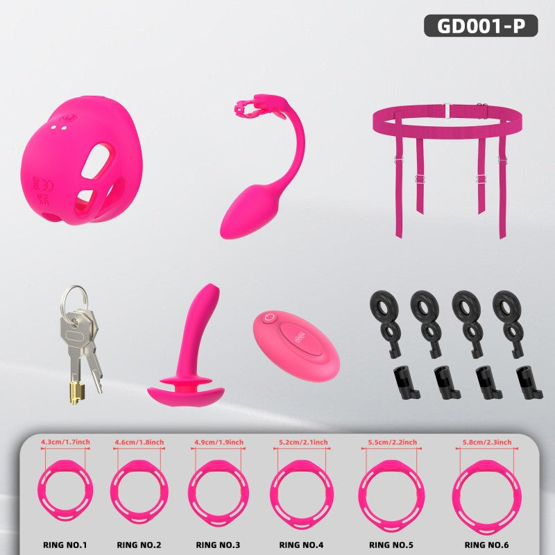 Electric Silicone Chastity Cage with Remote Control, Vibrating Plug & Harness