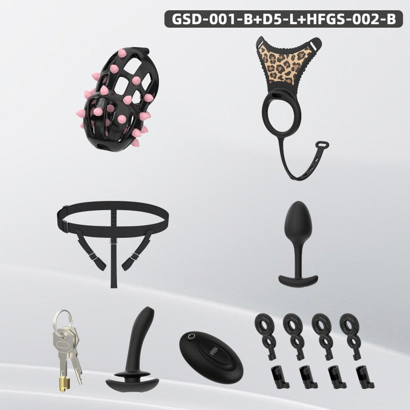 Spiked Chastity Cage Harness Set with Remote Vibrating Anal Plug GSD
