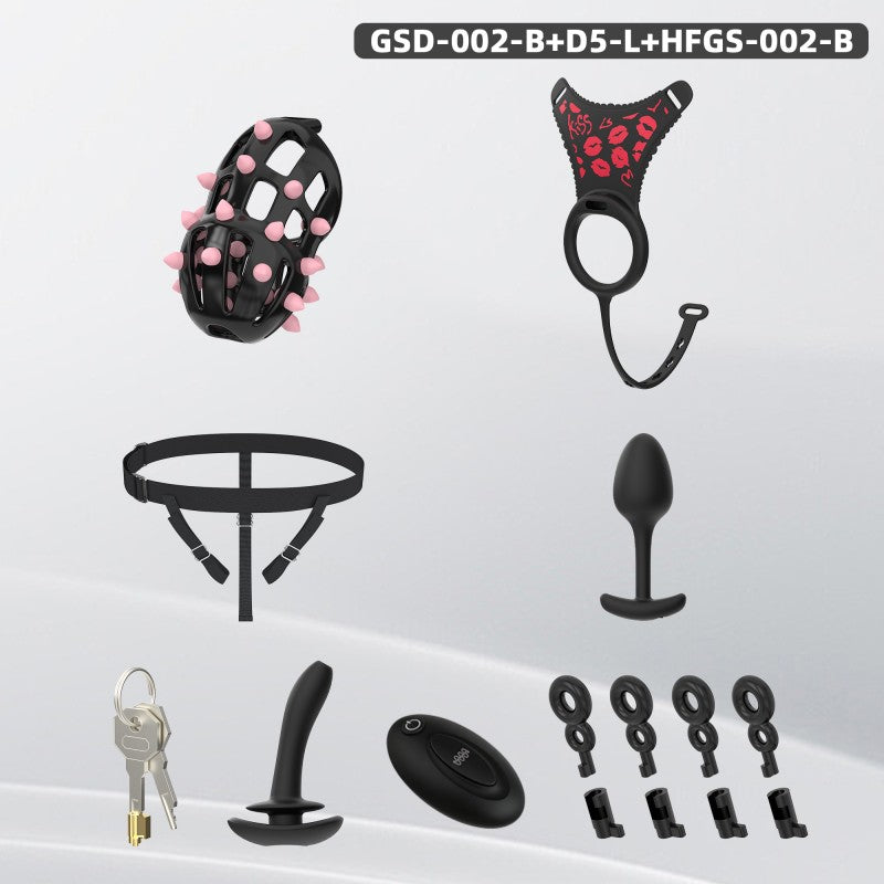 Spiked Chastity Cage Harness Set with Remote Vibrating Anal Plug GSD