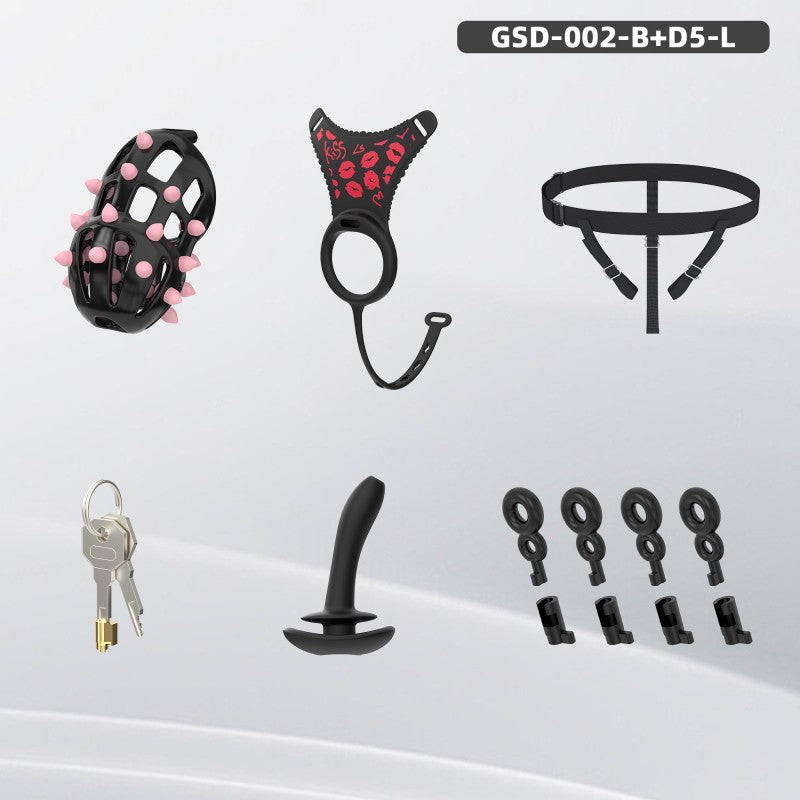 Spiked Chastity Cage Harness Set with Remote Vibrating Anal Plug GSD