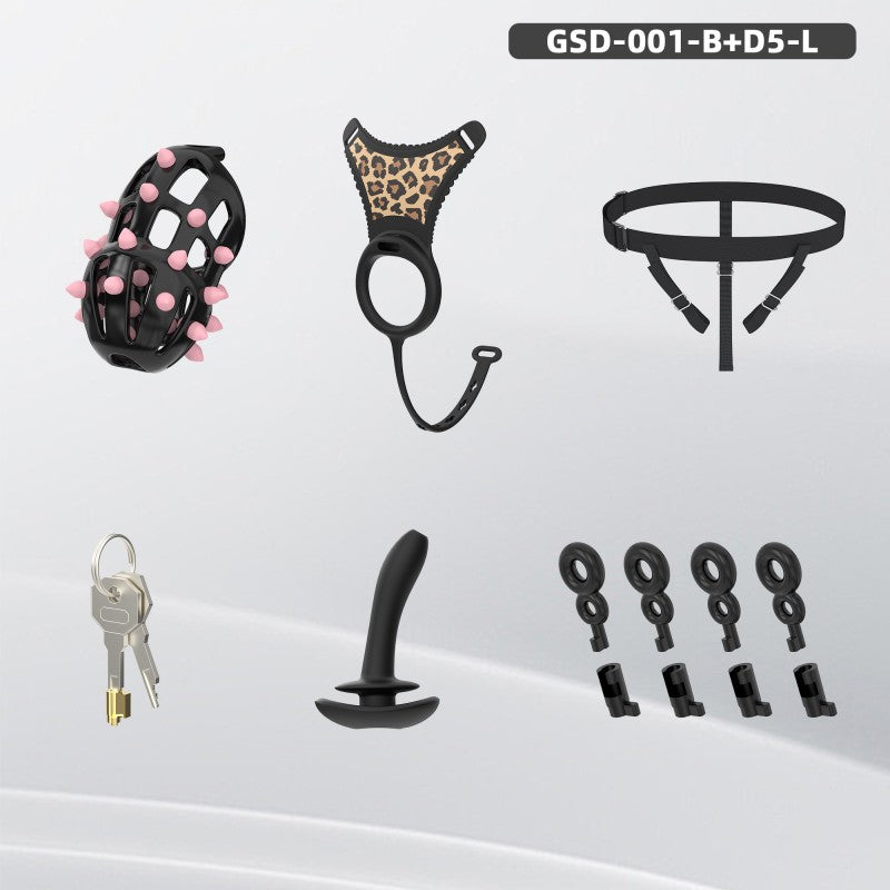 Spiked Chastity Cage Harness Set with Remote Vibrating Anal Plug GSD