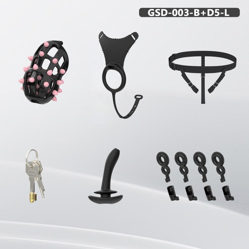 Spiked Chastity Cage Harness Set with Remote Vibrating Anal Plug GSD
