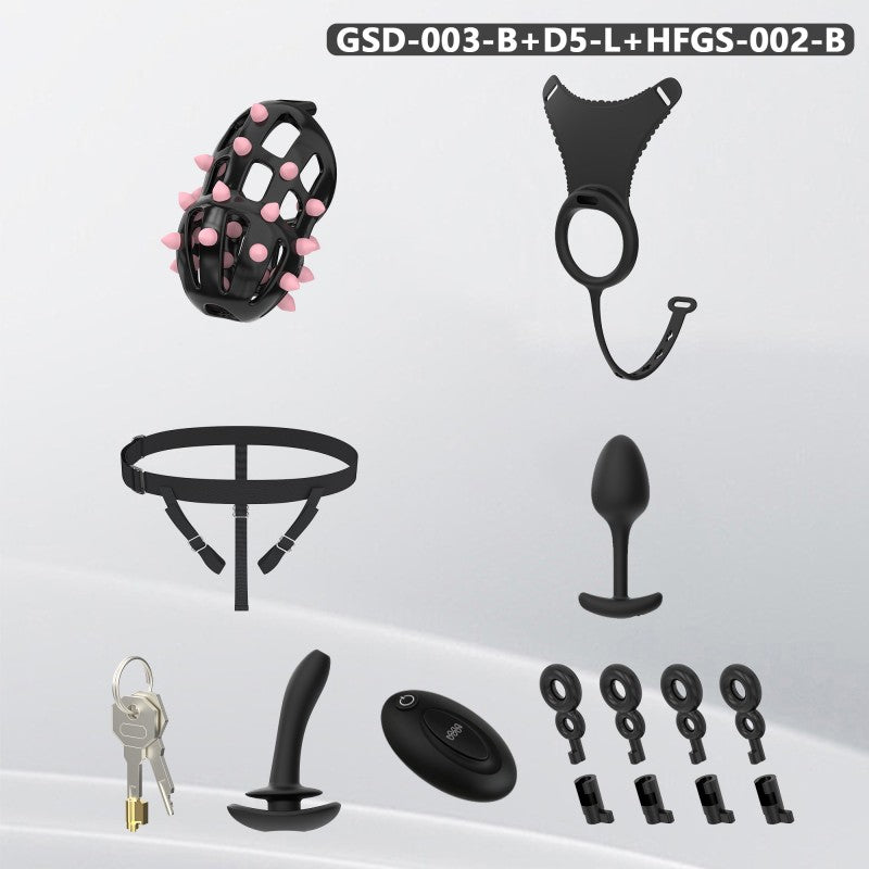 Spiked Chastity Cage Harness Set with Remote Vibrating Anal Plug GSD