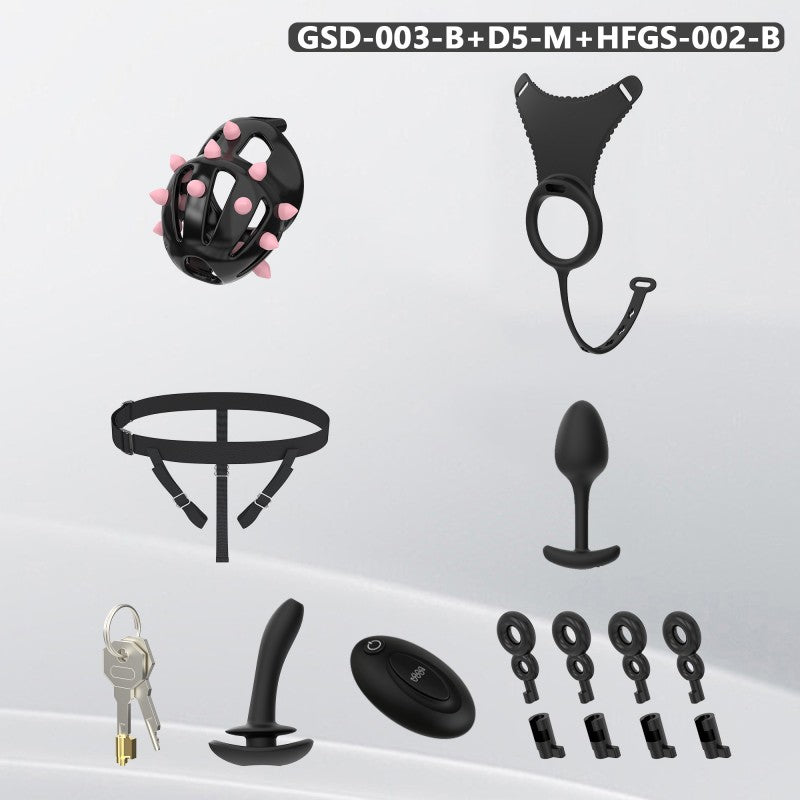 Spiked Chastity Cage Harness Set with Remote Vibrating Anal Plug GSD
