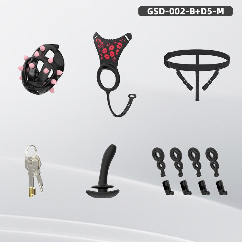Spiked Chastity Cage Harness Set with Remote Vibrating Anal Plug GSD