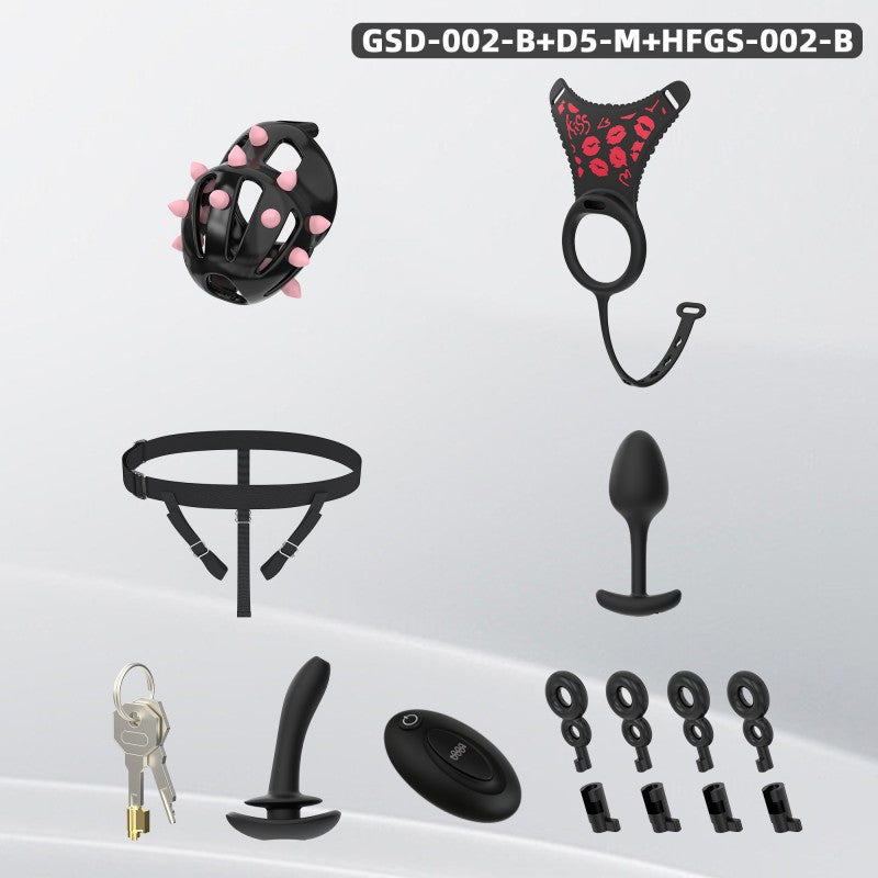 Spiked Chastity Cage Harness Set with Remote Vibrating Anal Plug GSD