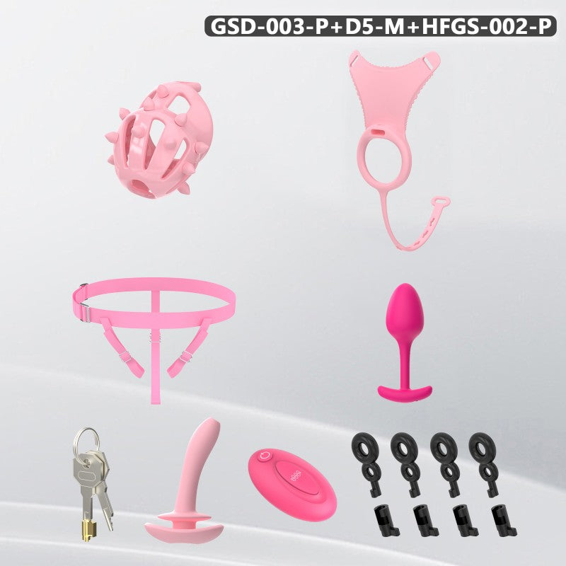 Spiked Chastity Cage Harness Set with Remote Vibrating Anal Plug GSD