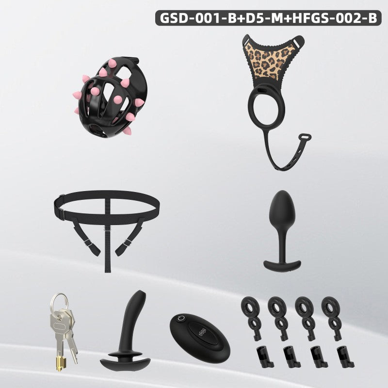 Spiked Chastity Cage Harness Set with Remote Vibrating Anal Plug GSD