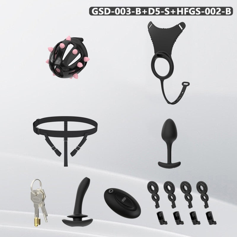 Spiked Chastity Cage Harness Set with Remote Vibrating Anal Plug GSD