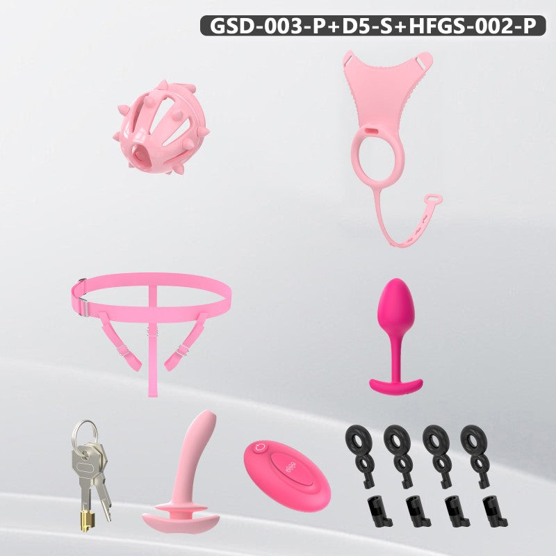 Spiked Chastity Cage Harness Set with Remote Vibrating Anal Plug GSD