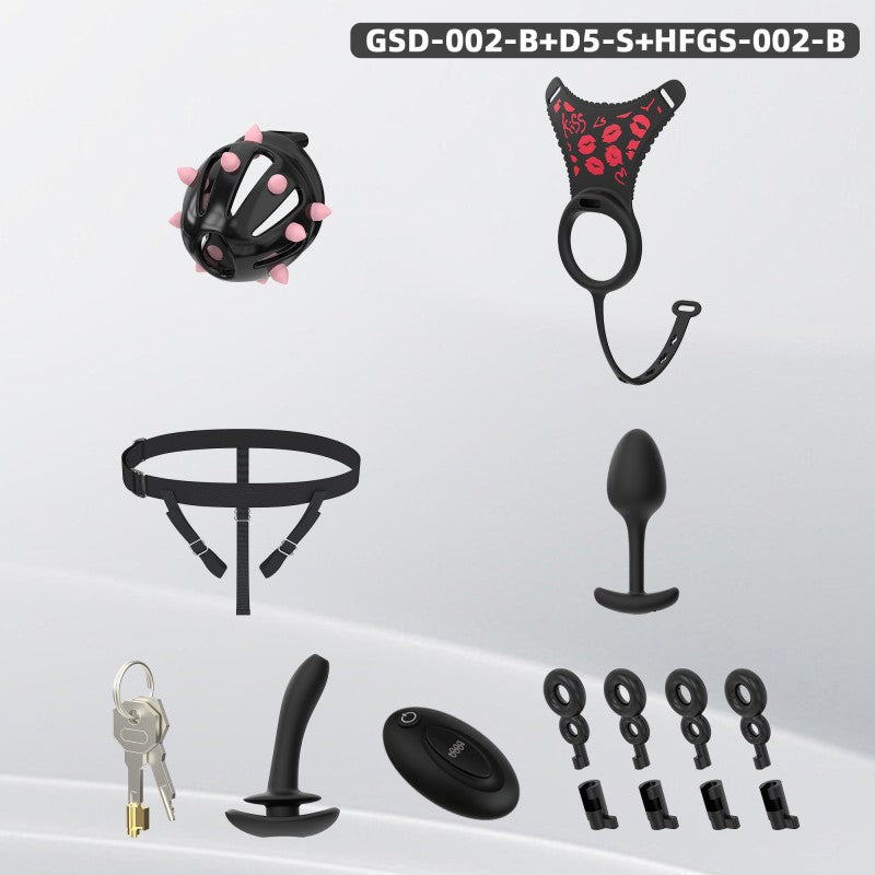 Spiked Chastity Cage Harness Set with Remote Vibrating Anal Plug GSD