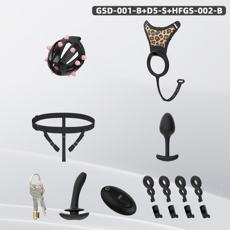 Spiked Chastity Cage Harness Set with Remote Vibrating Anal Plug GSD