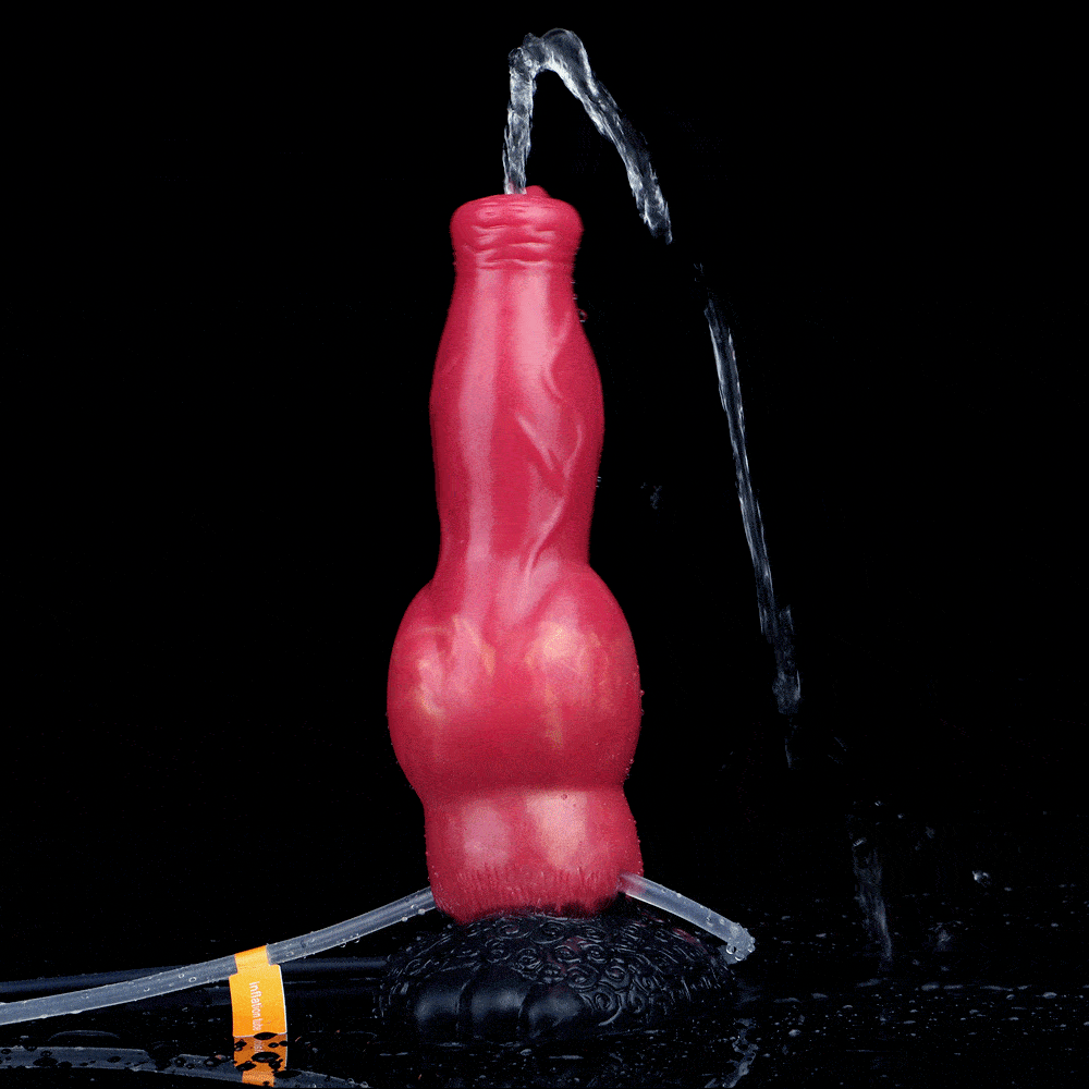 Tharnok 8 inch squirting dog knot dildo with inflatable design shown with dual bulbs for inflation and squirting stimulation.