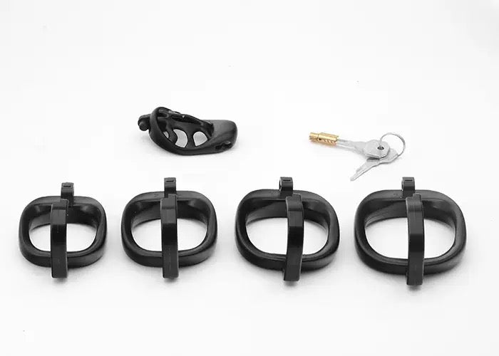 Plastic Male Chastity Cage with Key – Adjustable ABS Design, 3 Internal Styles, 4 Ring Sizes (42–55mm), Pink / Black / Clear