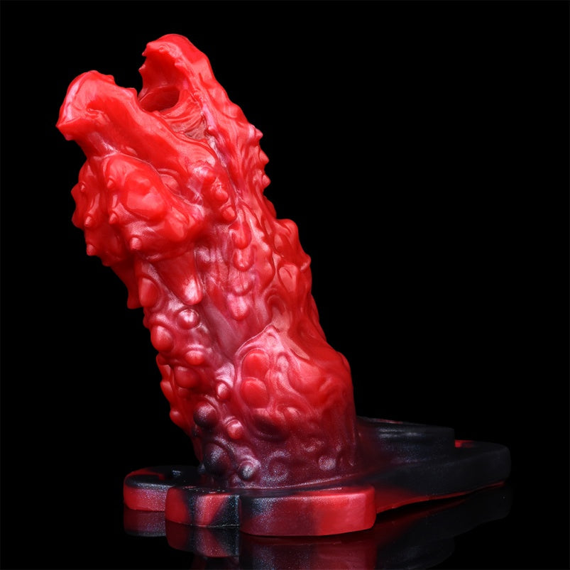 Crimson Silicone Dragon Mouth Fantasy Cock Sleeve Vibrator - Designed for 5.5in Men to Combat Softness and Enhance Ejaculation Control