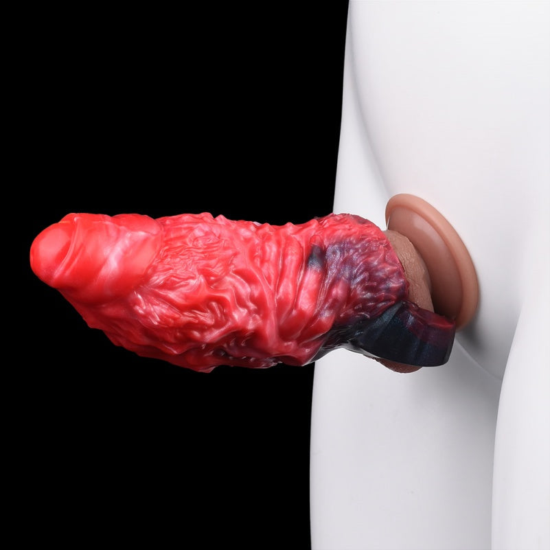 Monster Fantasy Vibrating Penis Sleeve - Blood-Black Silicone Cock Sheath Pegging Sexuality