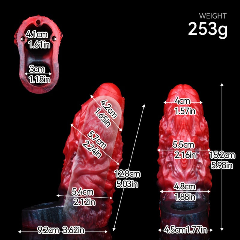 Monster Fantasy Vibrating Penis Sleeve - Blood-Black Silicone Cock Sheath Pegging Sexuality