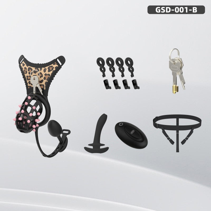 Spiked Chastity Cage Harness Set with Remote Vibrating Anal Plug GSD