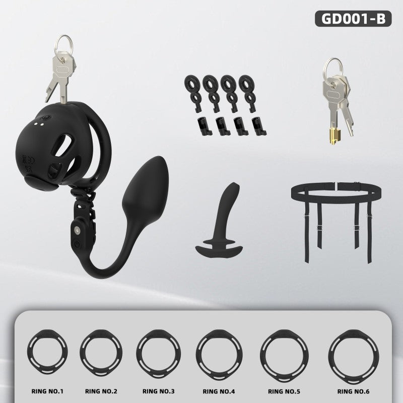 Electric Silicone Chastity Cage with Remote Control, Vibrating Plug & Harness