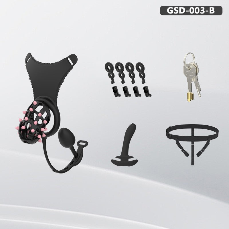 Spiked Chastity Cage Harness Set with Remote Vibrating Anal Plug GSD