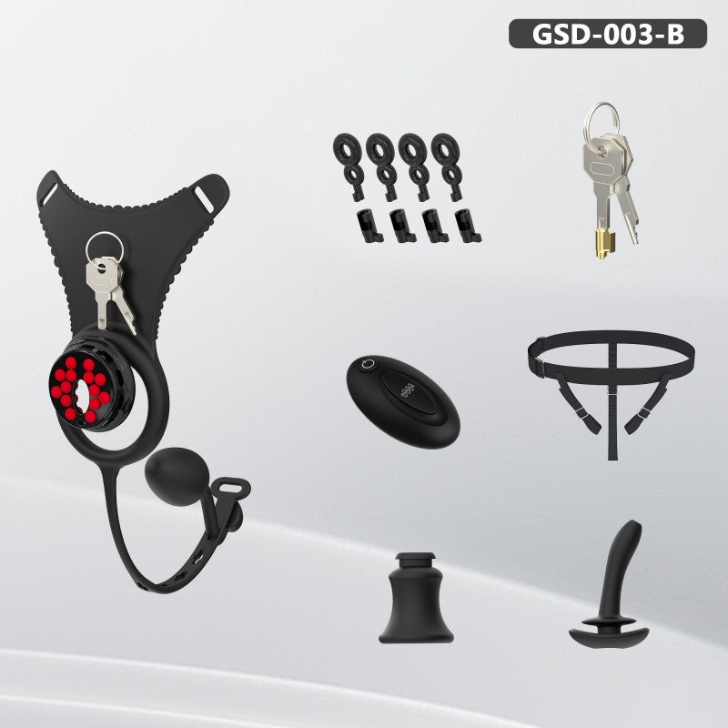 Flat Head Silicone Chastity Harness with Vibrating Plug & Remote Control-GSD Series