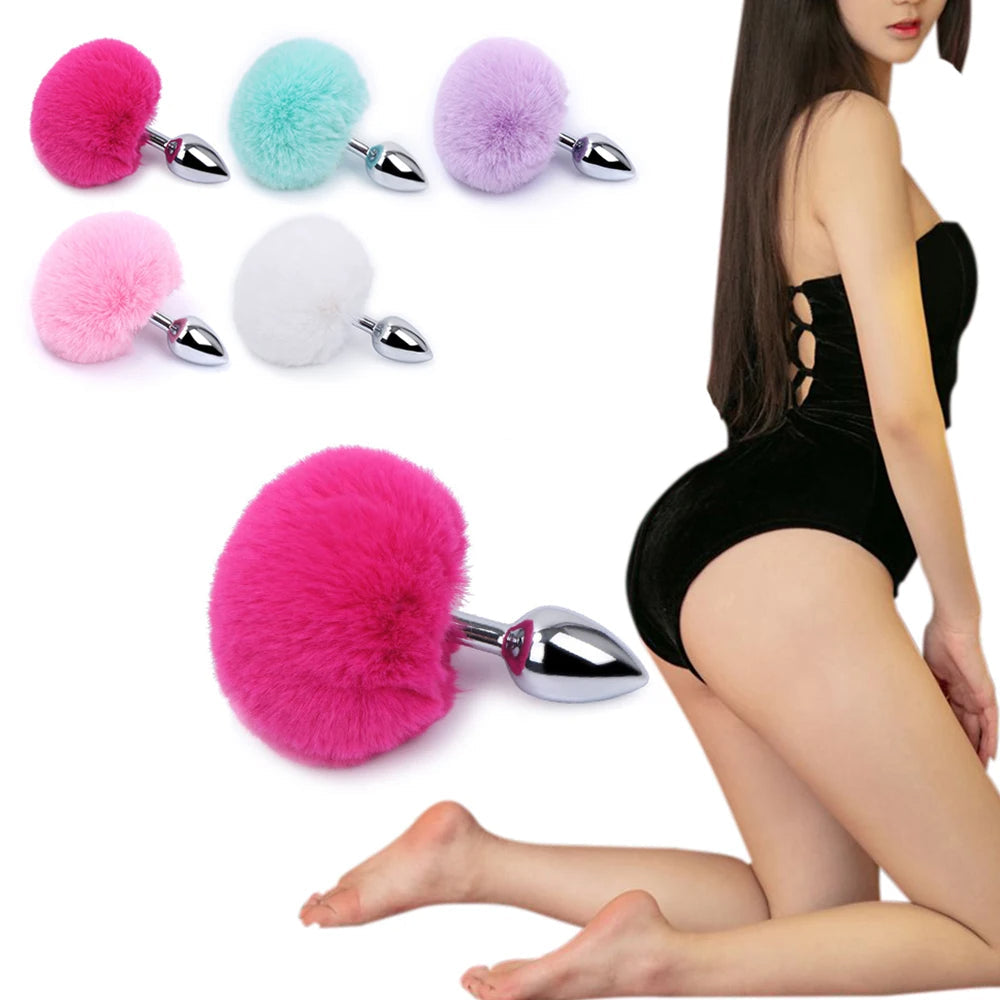 Metal Dildo Fluffy Rabbit Tail Anal Plug - Small Stainless Steel Furry Butt Plug Sex Toys