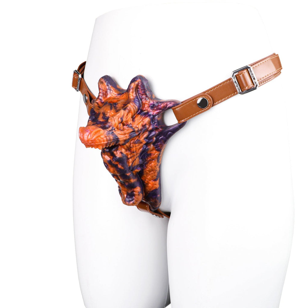 Brown Leather Wolf Shape Strap - On Harness with Dragon - Style Vibrating Silicone Dildo - Tarisss Sex Toy Store