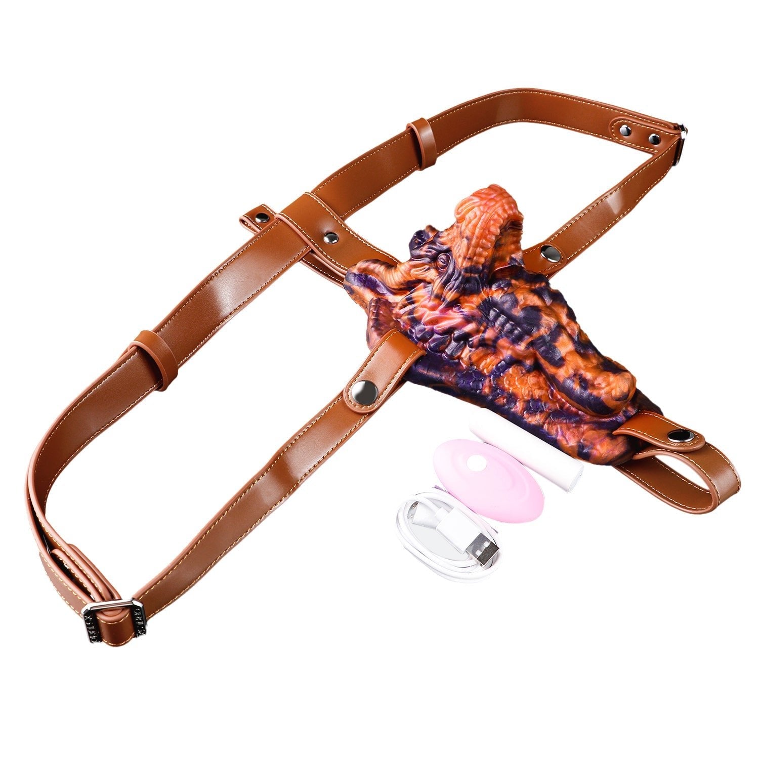 Brown Leather Wolf Shape Strap - On Harness with Dragon - Style Vibrating Silicone Dildo - Tarisss Sex Toy Store