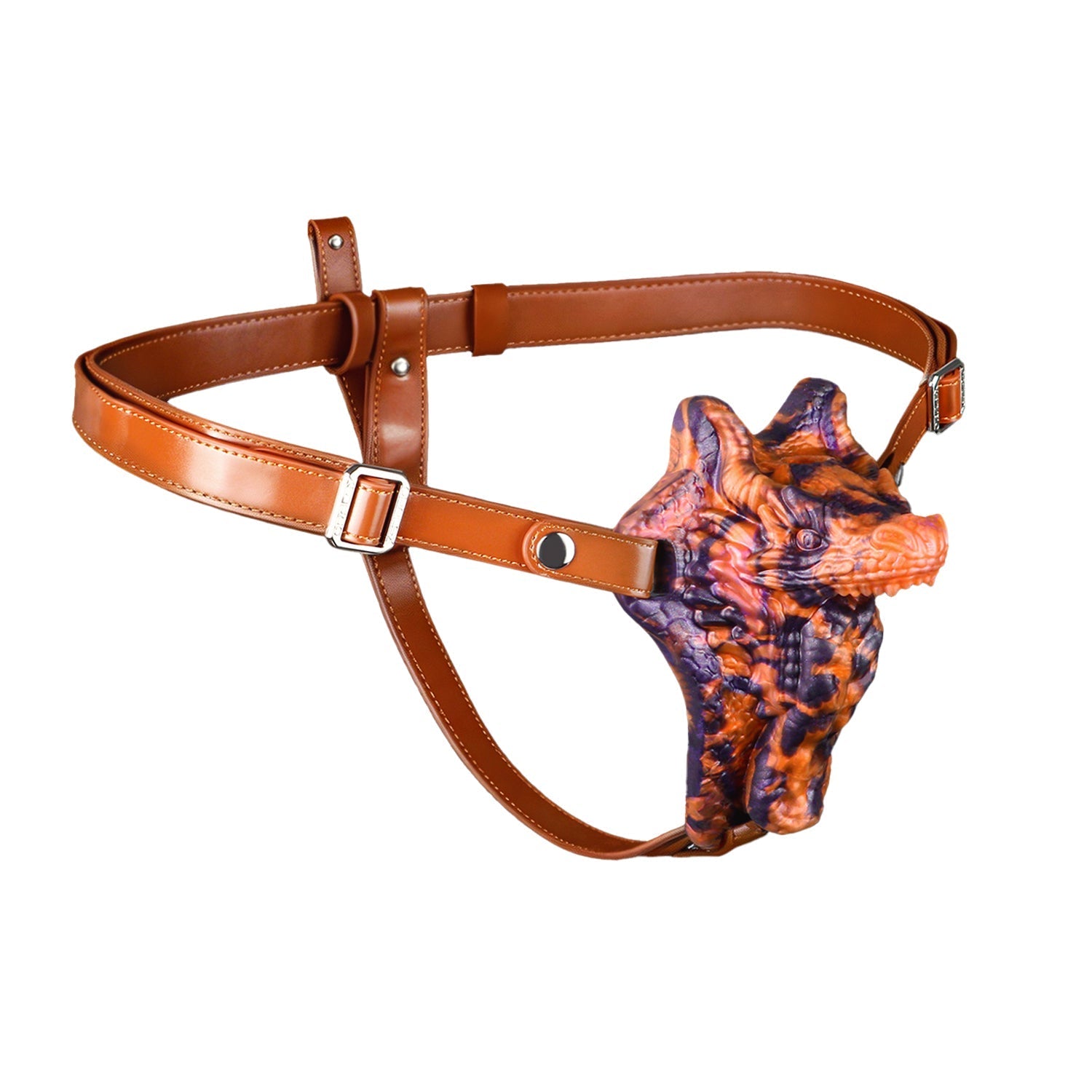 Brown Leather Wolf Shape Strap - On Harness with Dragon - Style Vibrating Silicone Dildo - Tarisss Sex Toy Store