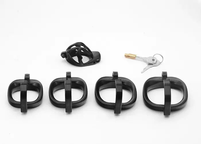 Plastic Male Chastity Cage with Key – Adjustable ABS Design, 3 Internal Styles, 4 Ring Sizes (42–55mm), Pink / Black / Clear