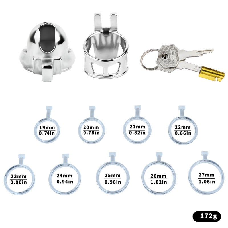 No Ball Ring Chastity Cage – Stainless Steel Lock, 9 Size Glans Fit, Discreet Wear